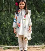 White floral printed chanderi kurta set
