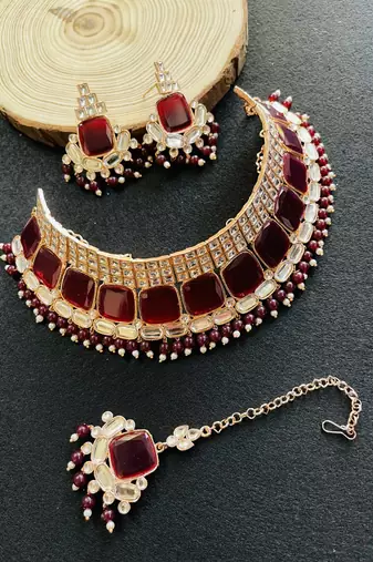 Maroon designer function wear ad necklace set
