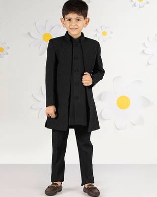  black silk kurta set - premium embossed geometric design festive wear (ages 2-8) 1