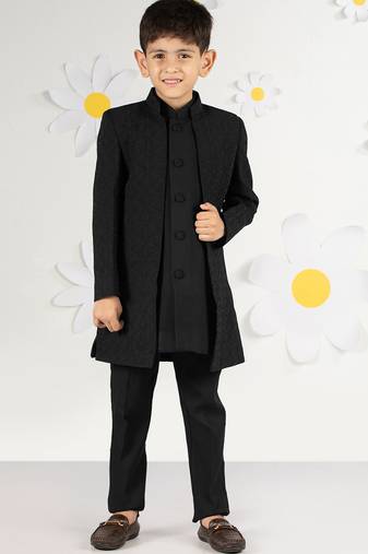 Boy's black silk kurta set - premium embossed geometric design festive wear (ages 2-8)