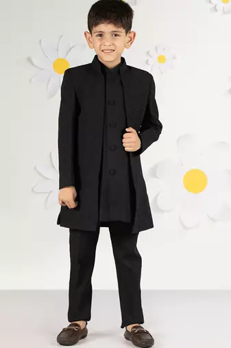 Boy's black silk kurta set - premium embossed geometric design festive wear (ages 2-8)