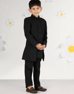  black silk kurta set - premium embossed geometric design festive wear (ages 2-8) 2