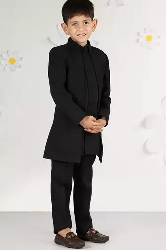 black silk kurta set - premium embossed geometric design festive wear (ages 2-8)