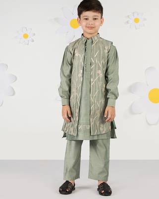  mint green silk nehru jacket set - thread embroidered ethnic wear with pant festive collection 1