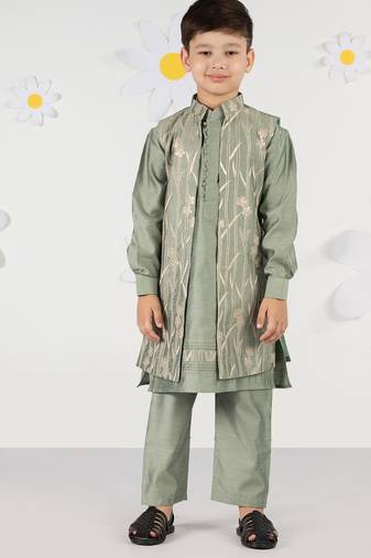 Boy's mint green silk nehru jacket set - thread embroidered ethnic wear with pant festive collection