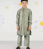  mint green silk nehru jacket set - thread embroidered ethnic wear with pant festive collection