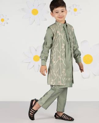  mint green silk nehru jacket set - thread embroidered ethnic wear with pant festive collection 2