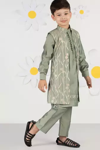  mint green silk nehru jacket set - thread embroidered ethnic wear with pant festive collection