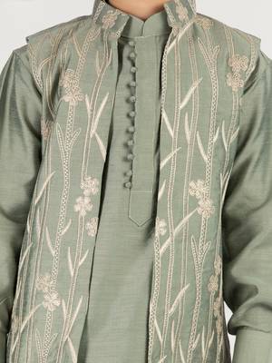  mint green silk nehru jacket set - thread embroidered ethnic wear with pant festive collection 3