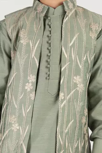  mint green silk nehru jacket set - thread embroidered ethnic wear with pant festive collection