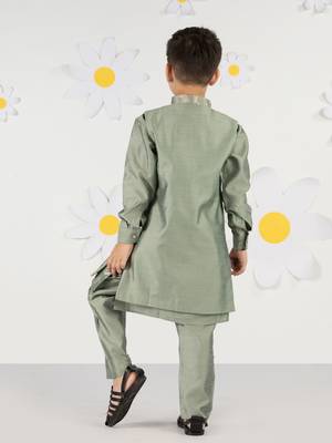 mint green silk nehru jacket set - thread embroidered ethnic wear with pant festive collection 4