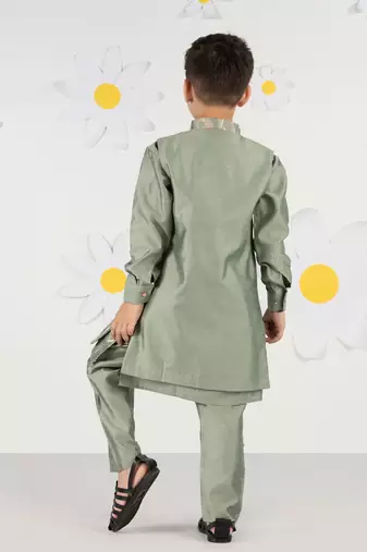  mint green silk nehru jacket set - thread embroidered ethnic wear with pant festive collection