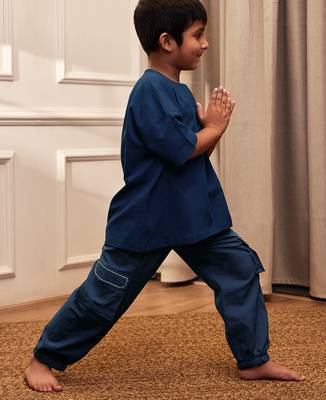  navy blue traditional yoga kurta with cargo pants - short sleeve cotton ethnic set 1
