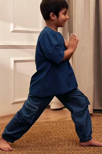 Boy's navy blue traditional yoga kurta with cargo pants - short sleeve cotton ethnic set