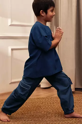 Boy's navy blue traditional yoga kurta with cargo pants - short sleeve cotton ethnic set