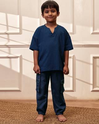  navy blue traditional yoga kurta with cargo pants - short sleeve cotton ethnic set 3