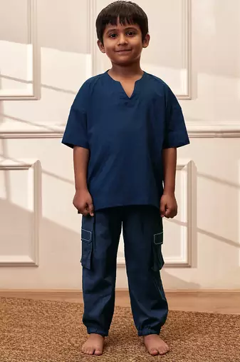  navy blue traditional yoga kurta with cargo pants - short sleeve cotton ethnic set