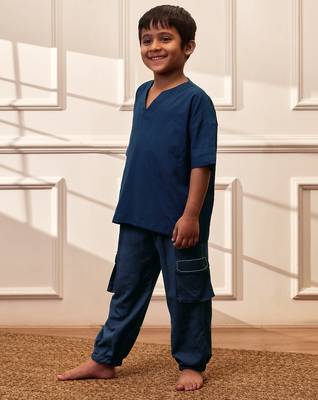  navy blue traditional yoga kurta with cargo pants - short sleeve cotton ethnic set 4