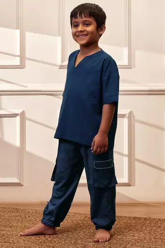  navy blue traditional yoga kurta with cargo pants - short sleeve cotton ethnic set