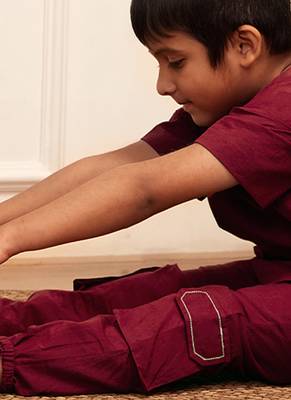  maroon traditional yoga kurta with cargo pants - short sleeve cotton ethnic set 1