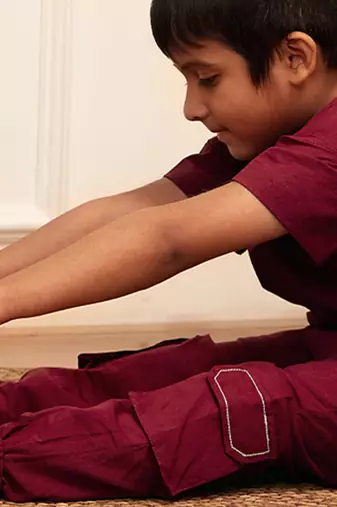 Boy's maroon traditional yoga kurta with cargo pants - short sleeve cotton ethnic set