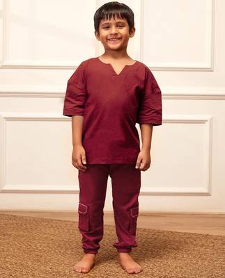  maroon traditional yoga kurta with cargo pants - short sleeve cotton ethnic set 3