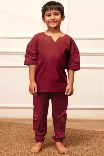  maroon traditional yoga kurta with cargo pants - short sleeve cotton ethnic set