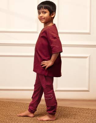  maroon traditional yoga kurta with cargo pants - short sleeve cotton ethnic set 4
