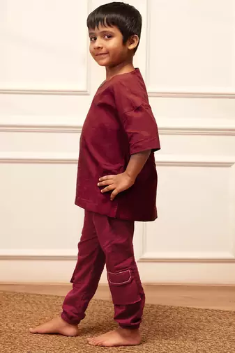  maroon traditional yoga kurta with cargo pants - short sleeve cotton ethnic set
