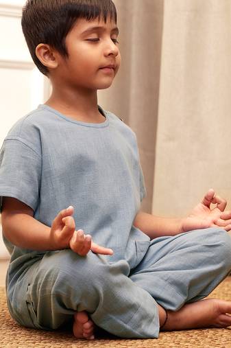 Boy's aqua traditional yoga kurta with trouser - short sleeve cotton ethnic set with patch pocket