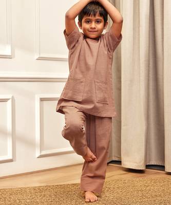  rose pink traditional yoga kurta with trouser - short sleeve cotton ethnic set with patch pocket 1