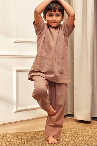 Boy's rose pink traditional yoga kurta with trouser - short sleeve cotton ethnic set with patch pocket