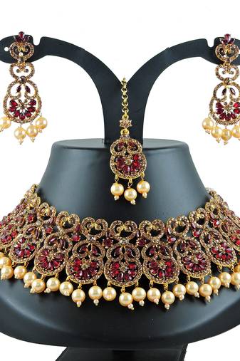 Maroon designer function wear ad necklace set