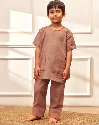  rose pink traditional yoga kurta with trouser - short sleeve cotton ethnic set with patch pocket 3