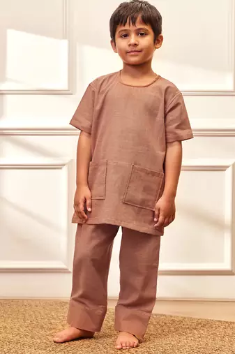  rose pink traditional yoga kurta with trouser - short sleeve cotton ethnic set with patch pocket