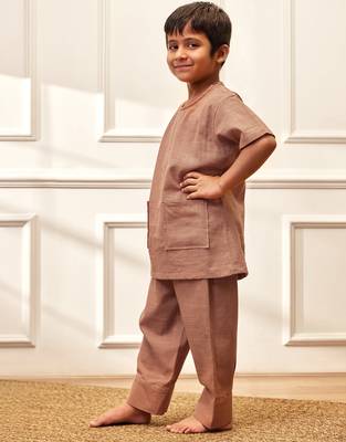  rose pink traditional yoga kurta with trouser - short sleeve cotton ethnic set with patch pocket 4