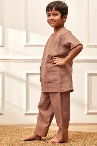  rose pink traditional yoga kurta with trouser - short sleeve cotton ethnic set with patch pocket