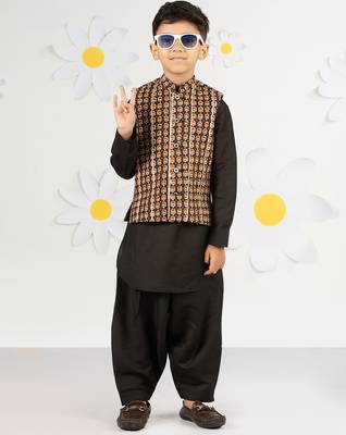  black cotton nehru jacket kurta set - floral print summer ethnic wear (size 31-35) 1