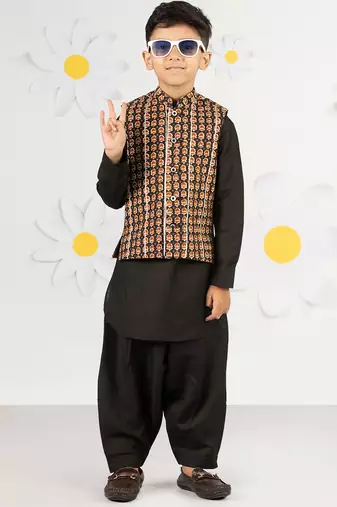Boy's black cotton nehru jacket kurta set - floral print summer ethnic wear (size 31-35)