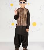  black cotton nehru jacket kurta set - floral print summer ethnic wear (size 31-35)