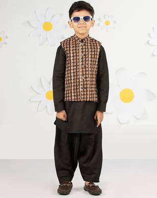 black cotton nehru jacket kurta set - floral print summer ethnic wear (size 31-35) 2