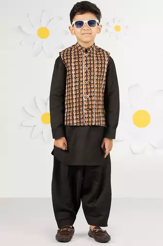  black cotton nehru jacket kurta set - floral print summer ethnic wear (size 31-35)