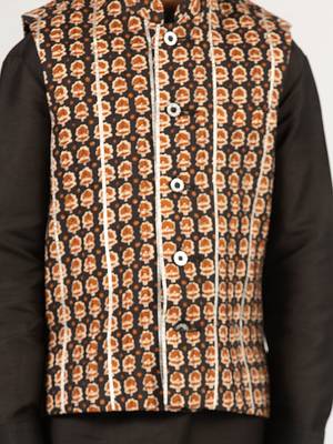  black cotton nehru jacket kurta set - floral print summer ethnic wear (size 31-35) 3