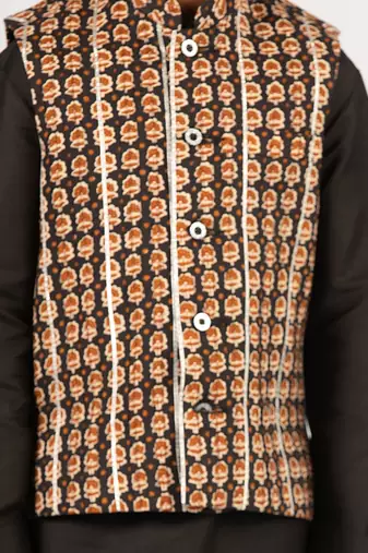  black cotton nehru jacket kurta set - floral print summer ethnic wear (size 31-35)