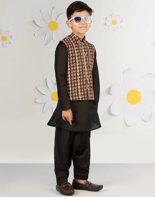  black cotton nehru jacket kurta set - floral print summer ethnic wear (size 31-35) 4