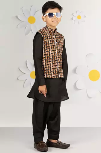  black cotton nehru jacket kurta set - floral print summer ethnic wear (size 31-35)
