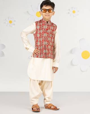  cotton kurta set with floral nehru jacket - red (size 22-30) 1