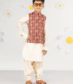  cotton kurta set with floral nehru jacket - red (size 22-30)