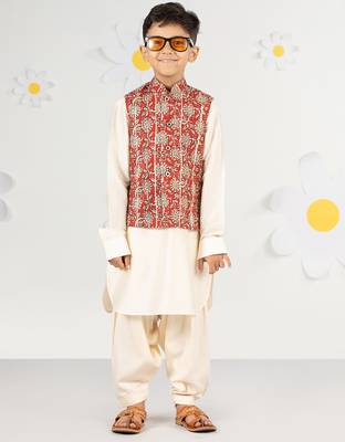  cotton kurta set with floral nehru jacket - red (size 22-30) 2