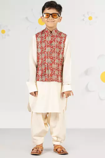  cotton kurta set with floral nehru jacket - red (size 22-30)